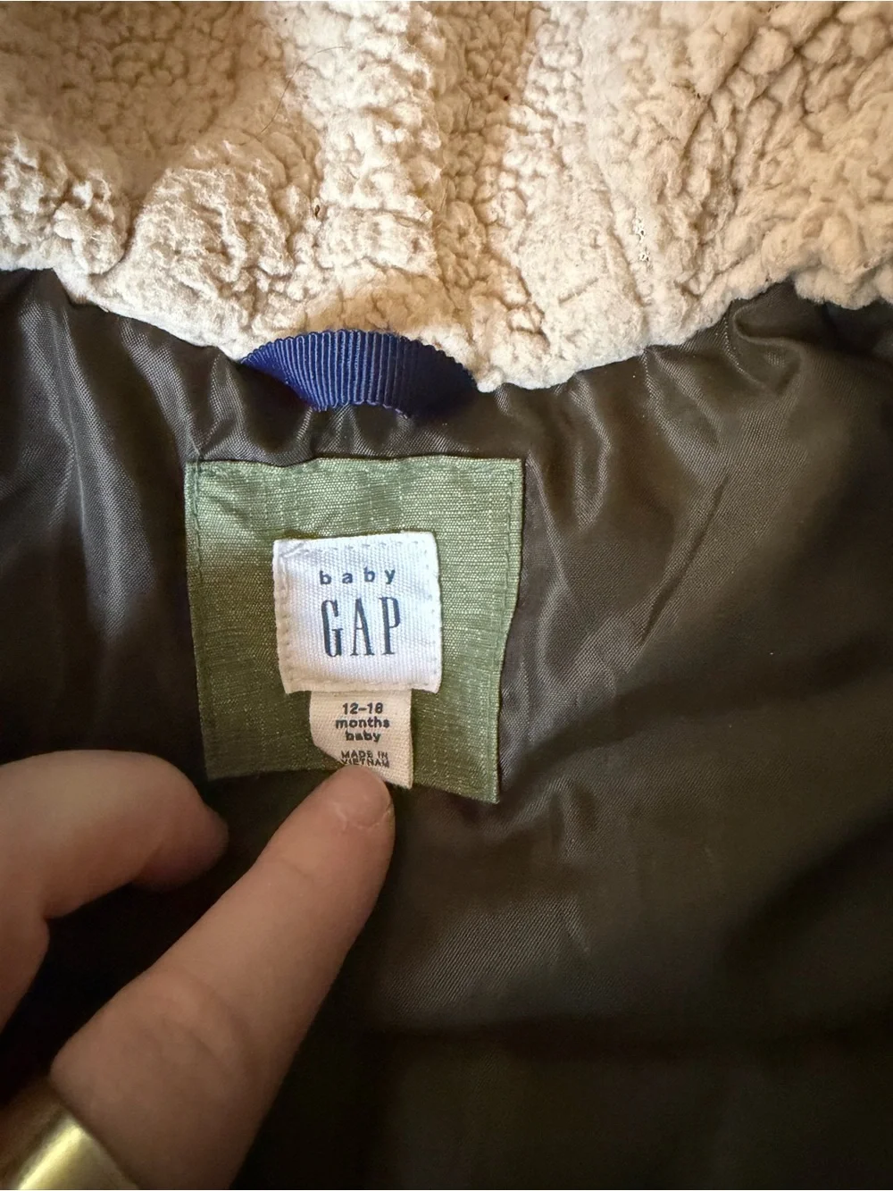 GAP Olive Green Hooded Sherpa-Trim Puffer Jacket
